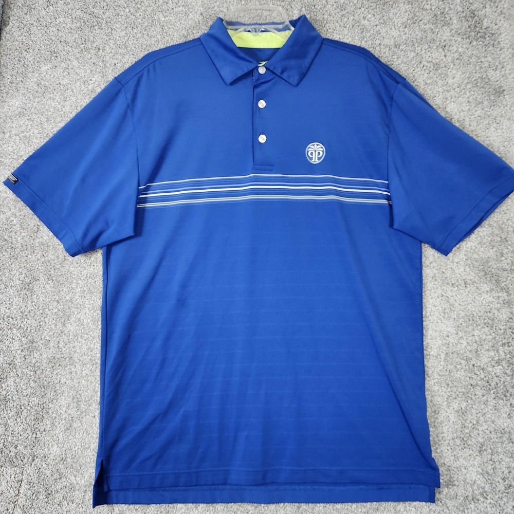 Straight Down Polo Shirt Mens Large Blue Striped Performance Golf Palm Logo SD